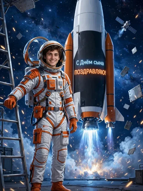Пример открытки в дизайне «Космический старт»