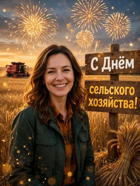 Пример открытки в дизайне «Золотая нива и комбайн»
