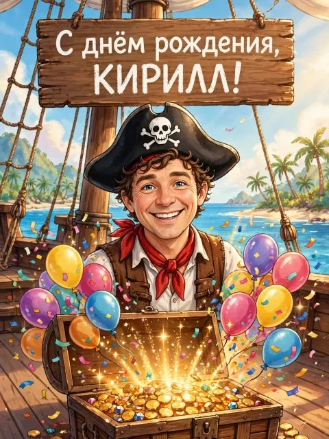 Пример открытки в дизайне «Пиратский сундук с сокровищами»