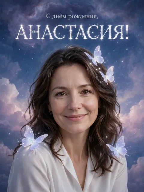 Пример открытки в дизайне «Мерцающие звёзды и бабочки»