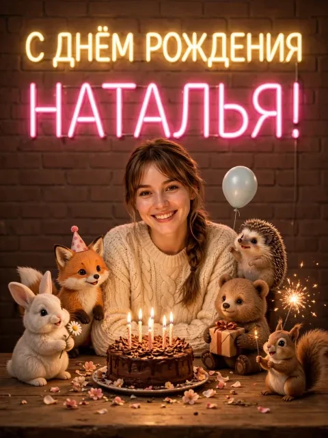 Пример открытки в дизайне «Милые зверята у торта»