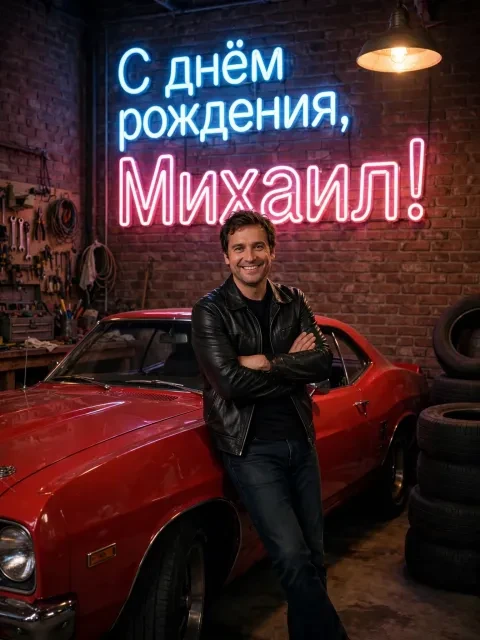 Пример открытки в дизайне «Неон в гараже»
