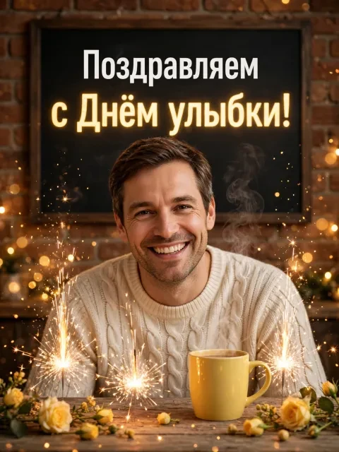 Пример открытки в дизайне «Уютное кафе и золотые искры»