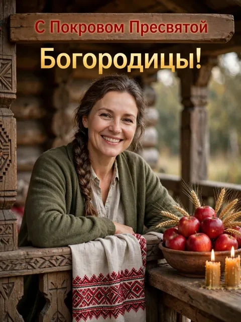 Пример открытки в дизайне «Традиционный рушник и яблоки»