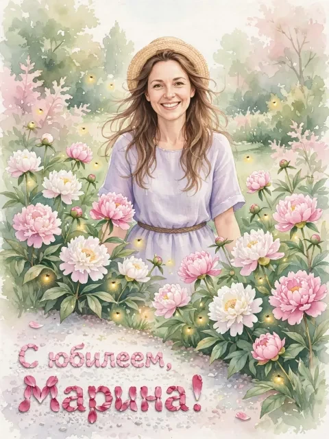 Пример открытки в дизайне «Пионы в акварельном саду»