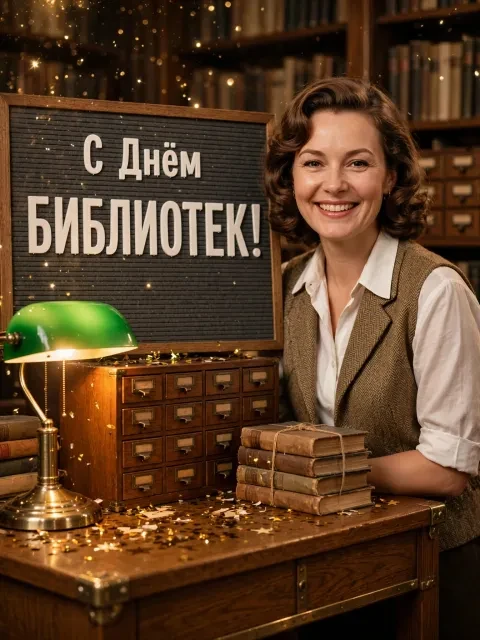 Пример открытки в дизайне «Ретро-хранитель знаний»