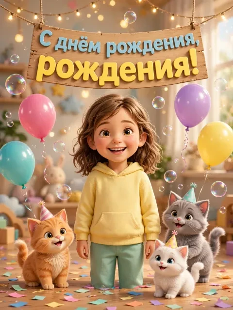 Пример открытки в дизайне «Котята и мыльные пузыри»