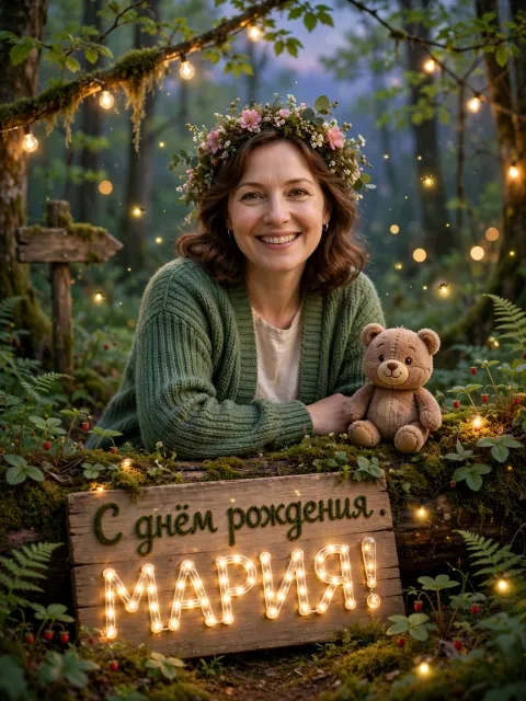 Пример открытки в дизайне «Лесная сказка с гирляндами»