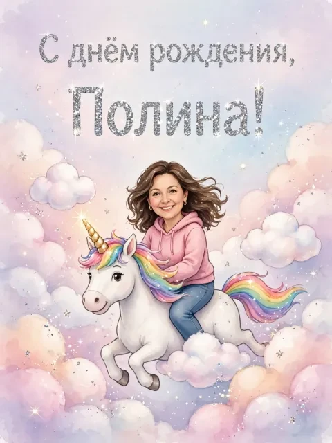 Пример открытки в дизайне «Единорог в облаках зефира»
