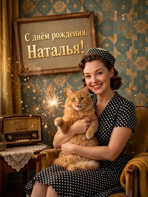 Пример открытки в дизайне «Ретро-открытка с котом»