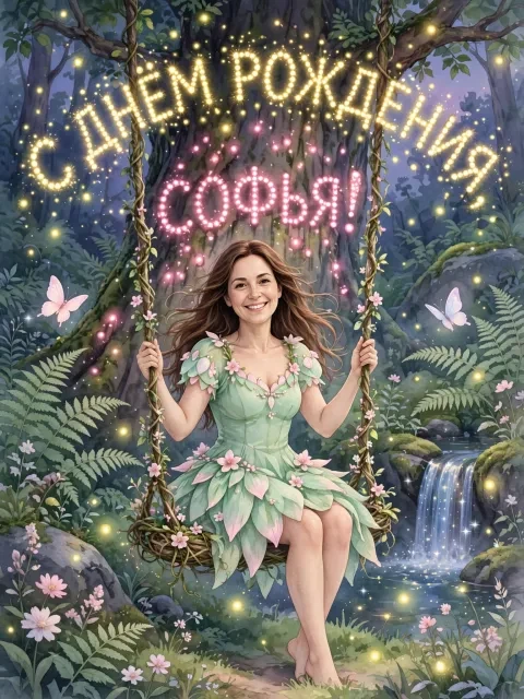 Пример открытки в дизайне «Фея на качелях»