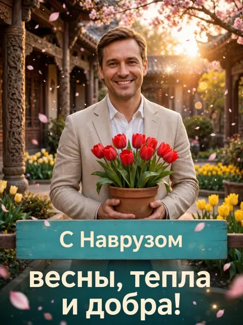 Пример открытки в дизайне «Тюльпаны и резная восточная терраса»