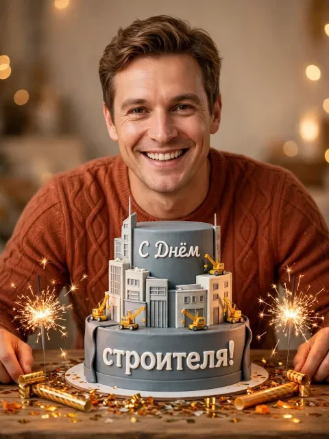 Пример открытки в дизайне «Праздничный торт зодчего»