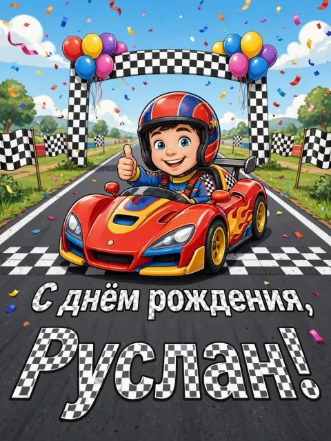 Пример открытки в дизайне «Гоночный заезд»
