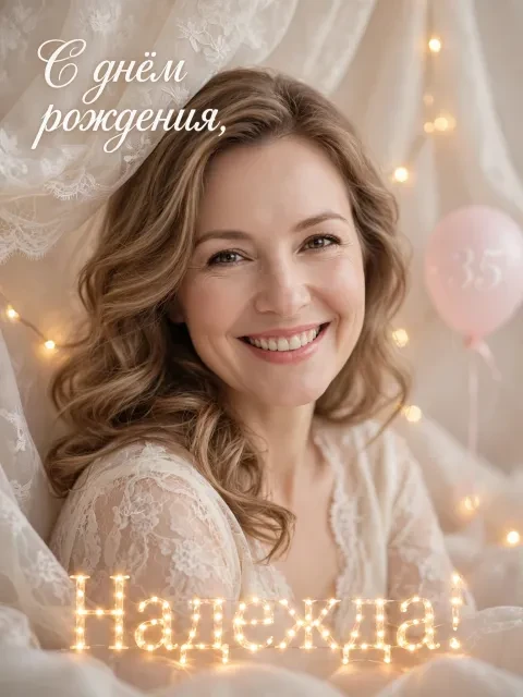 Пример открытки в дизайне «Кружевной портрет с гирляндой»