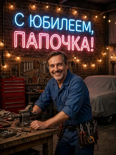 Пример открытки в дизайне «Гараж с неоном»