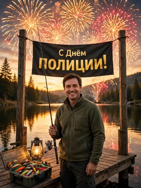Пример открытки в дизайне «Праздничный вечер на рыбалке»
