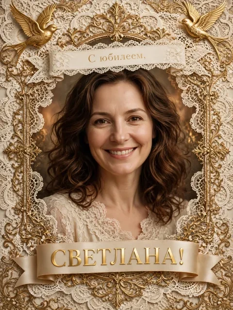 Пример открытки в дизайне «Кружево и золотые птицы»