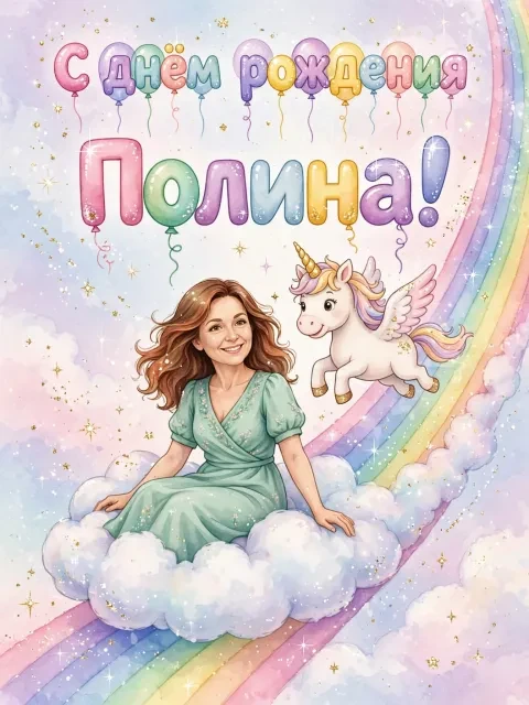 Пример открытки в дизайне «Единорог на радуге»