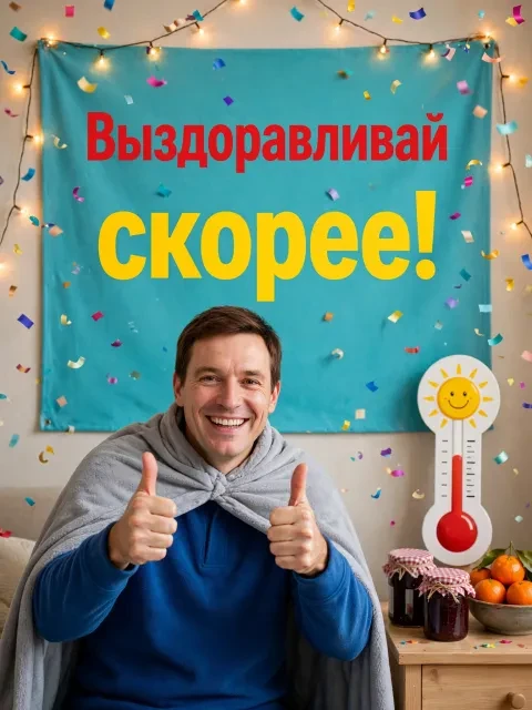 Пример открытки в дизайне «Супергерой побеждает простуду»