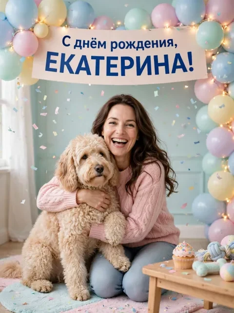Пример открытки в дизайне «Собака и воздушные шары»