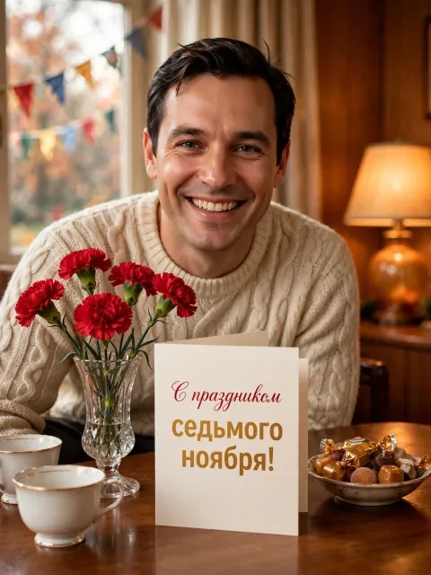 Пример открытки в дизайне «Праздничное утро дома»