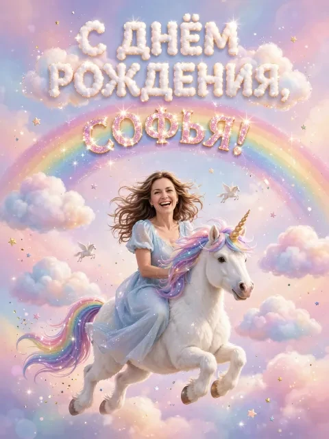 Пример открытки в дизайне «Единорог в облаках»
