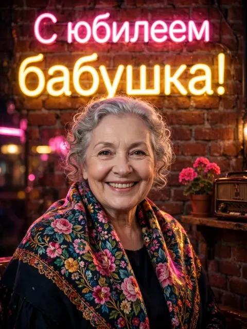 Пример открытки в дизайне «Платок и неон»