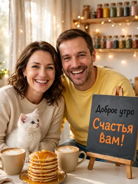 Пример открытки в дизайне «Утренний кофе с улыбкой»