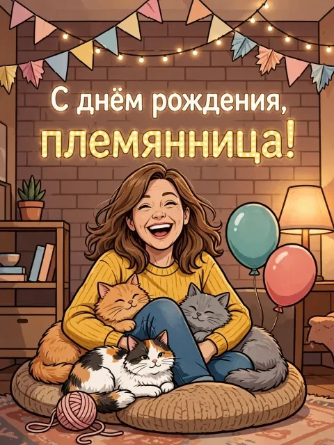 Пример открытки в дизайне «Кошачий праздник с гирляндами»