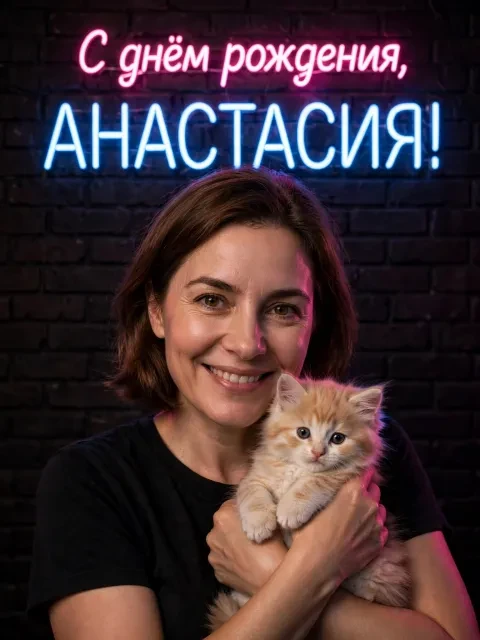 Выбрать дизайн «Котёнок и неоновая надпись»