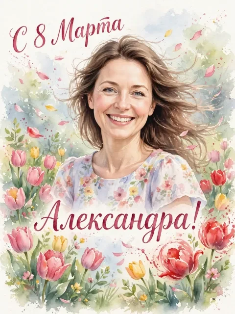 Март акварель с тюльпанами