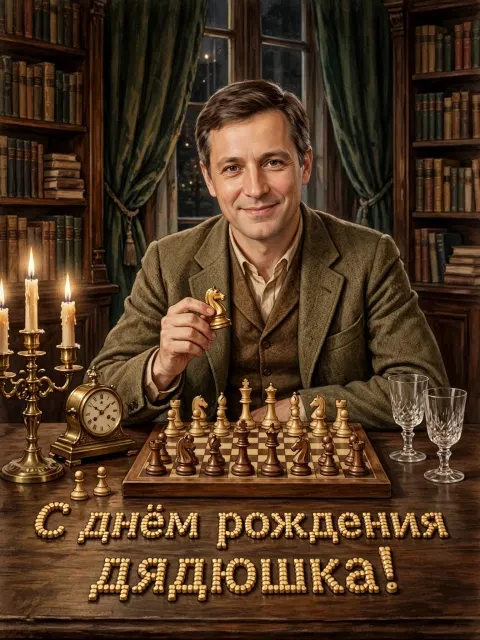 Пример открытки в дизайне «Шахматная партия при свечах»