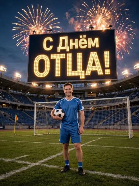 Пример открытки в дизайне «Стадион и салют»
