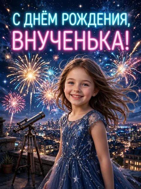 Пример открытки в дизайне «Звёздная ночь с салютом»