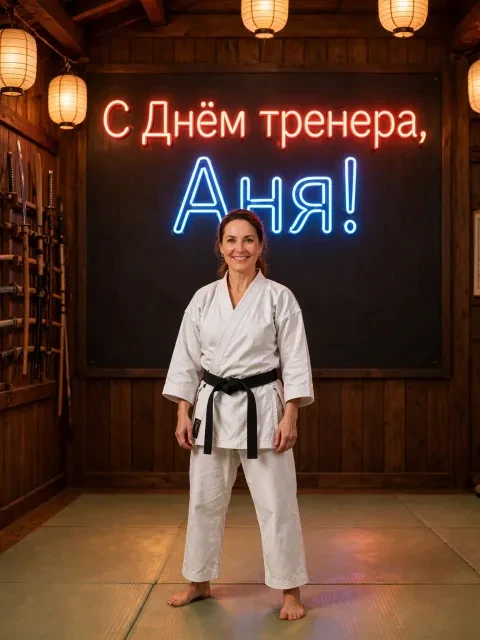 Пример открытки в дизайне «Додзё в неоне карате»