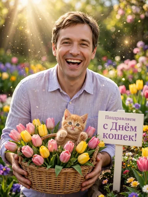 Пример открытки в дизайне «Котик в тюльпанах с сюрпризом»