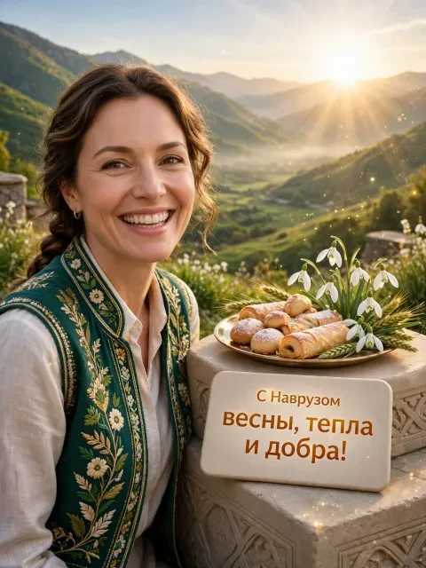Пример открытки в дизайне «Весеннее равноденствие в горах»