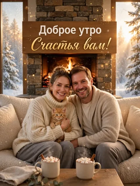 Пример открытки в дизайне «Зимнее утро у камина с котёнком»