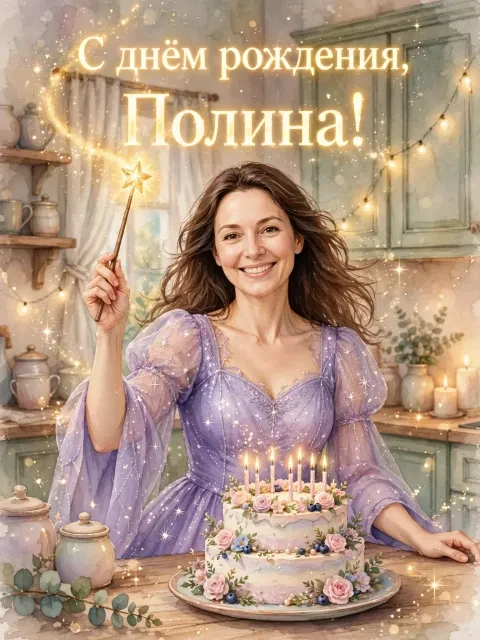 Пример открытки в дизайне «Фея-крёстная с тортом»