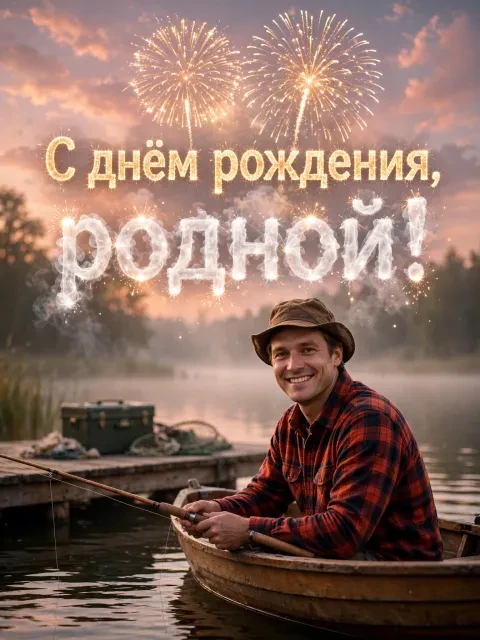Пример открытки в дизайне «Рыбалка на рассвете»