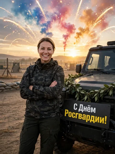 Пример открытки в дизайне «Утренний полигон и сталь»