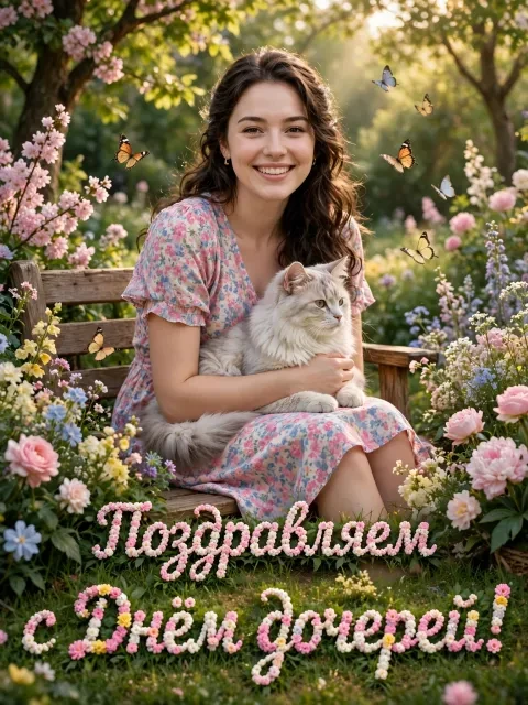 Кошка и бабочки в саду