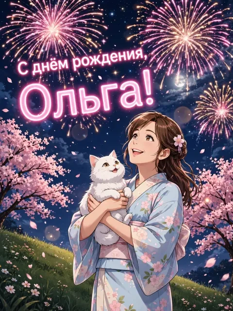 Пример открытки в дизайне «Аниме-девочка с салютом»