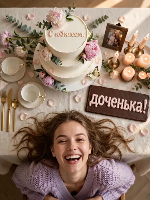 Пример открытки в дизайне «Вид сверху: торт и пионы»
