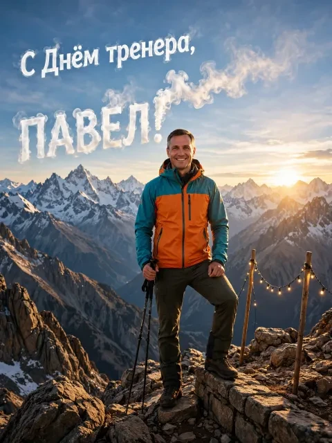Пример открытки в дизайне «Горная вершина и дым в небе»