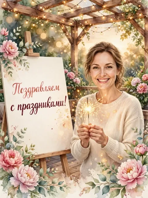 Акварельная веранда с огнями