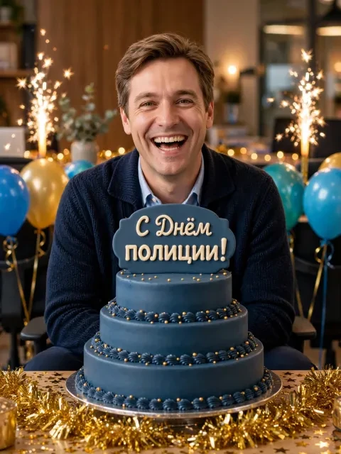 Пример открытки в дизайне «Праздничный торт от коллектива»