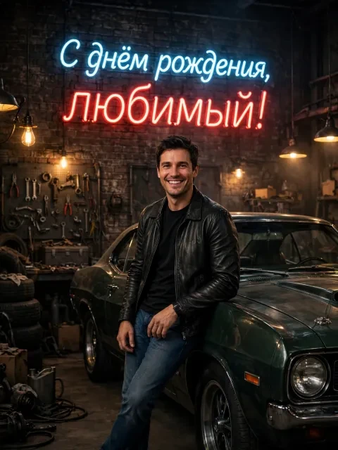 Пример открытки в дизайне «Ретро-гараж с неоном»