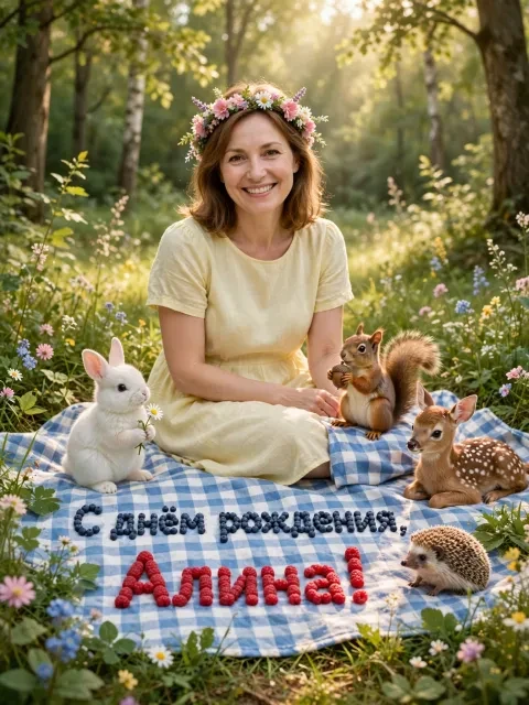 Пример открытки в дизайне «Милые зверята на пикнике»